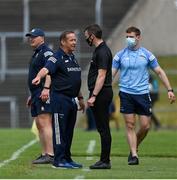 13 June 2021; Clare manager Colm Collins speaks to fourth official Thomas Murphy during the Allianz Football League Division 2 semi-final match between Clare and Mayo at Cusack Park in Ennis, Clare. Photo by Brendan Moran/Sportsfile