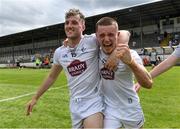 13 June 2021; Kildare players Darragh Kirwan, left, and Alex Beirne celebrate after their side's victory in the Allianz Football League Division 2 semi-final match between Kildare and Meath at St Conleth's Park in Newbridge, Kildare. Photo by Piaras Ó Mídheach/Sportsfile
