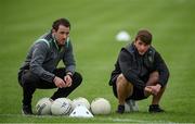 12 June 2021; Donegal strength and conditioning coach Antoin McFadden and Peadar Mogan, right, before the Allianz Football League Division 1 semi-final match between Donegal and Dublin at Kingspan Breffni Park in Cavan. Photo by Stephen McCarthy/Sportsfile