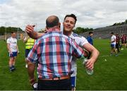 13 June 2021; Dessie Ward of Monaghan is congratulated by the suspended Monaghan manager Seamus McEnaney, who was at the game as a spectator, after the Allianz Football League Division 1 Relegation play-off match between Monaghan and Galway at St. Tiernach’s Park in Clones, Monaghan. Photo by Ray McManus/Sportsfile