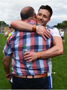 13 June 2021; Dessie Ward of Monaghan is congratulated by the suspended Monaghan manager Seamus McEnaney, who was at the game as a spectator, after the Allianz Football League Division 1 Relegation play-off match between Monaghan and Galway at St. Tiernach’s Park in Clones, Monaghan. Photo by Ray McManus/Sportsfile