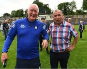 13 June 2021; Monaghan vice chairman Brendan Casey is congratulated by the suspended Monaghan manager Seamus McEnaney, who was at the game as a spectator, after the Allianz Football League Division 1 Relegation play-off match between Monaghan and Galway at St. Tiernach’s Park in Clones, Monaghan. Photo by Ray McManus/Sportsfile