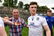 13 June 2021; Killian Lavelle of Monaghan is congratulated by the suspended Monaghan manager Seamus McEnaney, who was at the game as a spectator, after the Allianz Football League Division 1 Relegation play-off match between Monaghan and Galway at St. Tiernach’s Park in Clones, Monaghan. Photo by Ray McManus/Sportsfile
