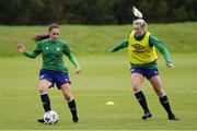 13 June 2021; Jessica Ziu, left, and Saoirse Noonan in action during a Republic of Ireland training session at Laugardalsvollur in Reykjavik, Iceland. Photo by Eythor Arnason/Sportsfile