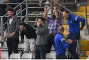 13 June 2021; Monaghan substitutes, officials and supporters, including the suspended Monaghan manager Seamus McEnaney, react to a late Monaghan point to level the game, in normal time, during the Allianz Football League Division 1 Relegation play-off match between Monaghan and Galway at St. Tiernach’s Park in Clones, Monaghan. Photo by Ray McManus/Sportsfile