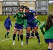 13 June 2021; Niamh Farrelly, left, and Rianna Jarrett during a Republic of Ireland training session at Laugardalsvollur in Reykjavik, Iceland. Photo by Eythor Arnason/Sportsfile