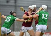 13 June 2021; Conor Shaw of Westmeath in action against Graeme Mulcahy, left, and Aaron Gillane of Limerick during the Allianz Hurling League Division 1 Group A Round 5 match between Westmeath and Limerick at TEG Cusack Park in Mullingar, Westmeath. Photo by Seb Daly/Sportsfile