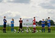 31 May 2021; Pictured, from left, Kian Hogan of Athlone Town, Chloe McCarthy of DLR Waves, Danny McGrath of Bohemians, Cian Kelly of St Patrick's Athletic, Niamh O'Keeffe of Waterford and Colum Doherty of Finn Harps at the EA Sports Underage League Launch at the FAI National Training Centre in Abbotstown, Dublin. Photo by Harry Murphy/Sportsfile