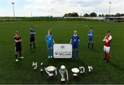 31 May 2021; Pictured, from left, Danny McGrath of Bohemians, Kian Hogan of Athlone Town, Chloe McCarthy of DLR Waves, Niamh O'Keeffe of Waterford, Colum Doherty of Finn Harps and Cian Kelly of St Patrick's Athletic at the EA Sports Underage League Launch at the FAI National Training Centre in Abbotstown, Dublin. Photo by Harry Murphy/Sportsfile