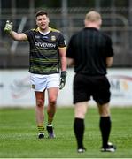 13 June 2021; Meath goalkeeper Andrew Colgan in conversation with referee Barry Cassidy before being shown a yellow card during the Allianz Football League Division 2 semi-final match between Kildare and Meath at St Conleth's Park in Newbridge, Kildare. Photo by Piaras Ó Mídheach/Sportsfile