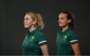 18 June 2021; Team Ireland rowers at the official announcement of the squad who will compete at the Tokyo 2020 Olympics. The rowing team was the first group of Team Ireland athletes to collect their kit bags ahead of the Games. Pictured are Aoife Casey, left, and Margaret Cremen. Photo by Seb Daly/Sportsfile