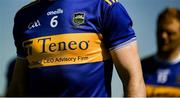 13 June 2021; A detailed view of the Tipperary jersey, featuring the team's sponsor Teneo, during the Allianz Hurling League Division 1 Group A Round 5 match between Waterford and Tipperary at Walsh Park in Waterford. Photo by Stephen McCarthy/Sportsfile