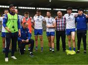 13 June 2021; Joint Monaghan interim managers Vinny Corey, left, and David McCague, kneeling, speak to players, officials and to the suspended Monaghan manager Seamus McEnaney, who was at the game as a spectator, after the Allianz Football League Division 1 Relegation play-off match between Monaghan and Galway at St. Tiernach’s Park in Clones, Monaghan. Photo by Ray McManus/Sportsfile