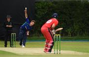 15 June 2021; Craig Young of North West Warriors bowls to PJ Moor of Munster Reds during the Cricket Ireland InterProvincial Cup 2021 match between Munster Reds and North West Warriors at The Mardyke in Cork.  Photo by Matt Browne/Sportsfile