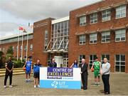 16 June 2021; Ireland U18 international and Limerick Sport Eagles player Reece Barry, second from right, Obinna Josephs from LIT Basketball and Limerick Sport Eagles, second from left, and Limerick Sport Huskies player Emilie Hamel, right of centre, at the announcement of Limerick Institute of Technology as a Basketball Ireland Centre of Excellence, alongside, from left, Matt Hall, Basketball Ireland's Centres of Excellence manager, Niall Berry, Basketball Ireland and LIT Mid-West Development Officer, Jimmy Browne, LIT Vice President Corporate Services & Capital Development, Professor Vincent Cunnane, President of LIT, and Adrian Flaherty, LIT Sports Recreation & Facilities Officer. Photo by Eóin Noonan/Sportsfile