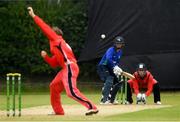 15 June 2021; Andy McBrine of North West Warriors plays a bowl from Matt Ford of Munster Reds during the Cricket Ireland InterProvincial Cup 2021 match between Munster Reds and North West Warriors at The Mardyke in Cork.  Photo by Matt Browne/Sportsfile
