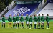 15 June 2021; Republic of Ireland players stand for the playing of the National Anthem before the international friendly match between Iceland and Republic of Ireland at Laugardalsvollur in Reykjavik, Iceland. Photo by Eythor Arnason/Sportsfile