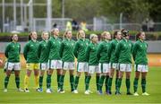 15 June 2021; Republic of Ireland players stand for the playing of the National Anthem before the international friendly match between Iceland and Republic of Ireland at Laugardalsvollur in Reykjavik, Iceland. Photo by Eythor Arnason/Sportsfile