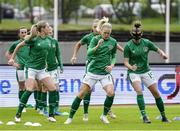 15 June 2021; Republic of Ireland players, from left, Megan Connolly, Diane Caldwell and Claire O'Riordan warm up before the international friendly match between Iceland and Republic of Ireland at Laugardalsvollur in Reykjavik, Iceland. Photo by Eythor Arnason/Sportsfile