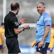 13 June 2021; Clare selector Declan Downes speaks to referee Niall Cullen after the Allianz Football League Division 2 semi-final match between Clare and Mayo at Cusack Park in Ennis, Clare. Photo by Brendan Moran/Sportsfile