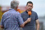 13 June 2021; Former Clare player and TG4 analyst Gary Brennan is interviewed by TG4 commentator Brian Tyres before the Allianz Football League Division 2 semi-final match between Clare and Mayo at Cusack Park in Ennis, Clare. Photo by Brendan Moran/Sportsfile