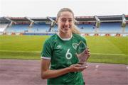 15 June 2021; Megan Connolly of Republic of Ireland with the Carlsberg FAI Player of the Match award following the international friendly match between Iceland and Republic of Ireland at Laugardalsvollur in Reykjavik, Iceland. Photo by Eythor Arnason/Sportsfile