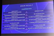 16 June 2021; A general view of the result during the UEFA Champions League 2021/22 Second Qualifying Round draw at the UEFA headquarters in Nyon, Switzerland. Photo by Richard Juilliart / UEFA via Sportsfile