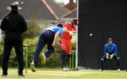 18 June 2021; Jack Carty of Munster Reds plays a bowl from Josh Little of Leinster Lightning during the Cricket Ireland InterProvincial Trophy 2021 match between Leinster Lightning and Munster Reds at Pembroke Cricket Club in Dublin. Photo by Matt Browne/Sportsfile
