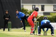 18 June 2021; George Dockrell of Leinster Lightning bowls to Tyrone Kane of Munster Reds during the Cricket Ireland InterProvincial Trophy 2021 match between Leinster Lightning and Munster Reds at Pembroke Cricket Club in Dublin. Photo by Matt Browne/Sportsfile