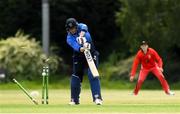 18 June 2021; Kevin O'Brien of Leinster Lightning loses his wicket to the bowl from Aaron Cawley of Munster Reds during the Cricket Ireland InterProvincial Trophy 2021 match between Leinster Lightning and Munster Reds at Pembroke Cricket Club in Dublin. Photo by Matt Browne/Sportsfile