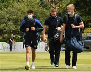 18 June 2021; North West Warriors players, from left, Varun Chopra, Graham Hume and Ross Allen arrive before the Cricket Ireland InterProvincial Trophy 2021 match between Northern Knights and North West Warriors at Pembroke Cricket Club in Dublin. Photo by Matt Browne/Sportsfile
