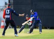 18 June 2021; Stephen Doheny of North West Warriors hits a bowl from Harry Tector of Northern Knights during the Cricket Ireland InterProvincial Trophy 2021 match between Northern Knights and North West Warriors at Pembroke Cricket Club in Dublin. Photo by Matt Browne/Sportsfile