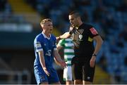 18 June 2021; Darragh Power of Waterford remonstrates with referee Adriano Reale after a penalty was awarded against his side during the SSE Airtricity League Premier Division match between Waterford and Shamrock Rovers at the RSC in Waterford. Photo by Seb Daly/Sportsfile