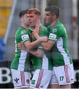 18 June 2021; Alec Byrne, centre, celebrates with Cork City teammates after scoring his side's first goal during the SSE Airtricity League First Division match between Athlone Town and Cork City at Athlone Town Stadium in Athlone, Westmeath. Photo by Ramsey Cardy/Sportsfile