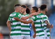 18 June 2021; Graham Burke of Shamrock Rovers, right, is congratulated by team-mate Aaron Greene, after scoring his side's third goal during the SSE Airtricity League Premier Division match between Waterford and Shamrock Rovers at the RSC in Waterford. Photo by Seb Daly/Sportsfile