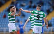 18 June 2021; Aaron Greene of Shamrock Rovers, right, is congratulated by team-mate Roberto Lopes after scoring their side's fourth goal during the SSE Airtricity League Premier Division match between Waterford and Shamrock Rovers at the RSC in Waterford. Photo by Seb Daly/Sportsfile