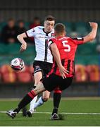 18 June 2021; Daniel Kelly of Dundalk in action against Michael McDonnell of Longford Town during the SSE Airtricity League Premier Division match between Dundalk and Longford Town at Oriel Park in Dundalk, Louth. Photo by Eóin Noonan/Sportsfile