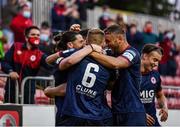 18 June 2021; Ronan Coughlan of St Patrick's Athletic, left, celebrates after scoring his side's second goal with teammates Jamie Lennon and Paddy Barrett during the SSE Airtricity League Premier Division match between St Patrick's Athletic and Sligo Rovers at Richmond Park in Dublin. Photo by Harry Murphy/Sportsfile