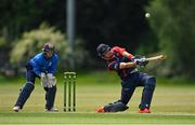 19 June 2021; Mark Adair of Northern Knights plays a shot, watched by Leinster Lightning wicketkeeper Lorcan Tucker, and is subsequently caught by Kevin O'Brien of Leinster Lightning, during the Cricket Ireland InterProvincial Trophy 2021 match between Leinster Lightning and Northern Knights at Pembroke Cricket Club in Dublin. Photo by Seb Daly/Sportsfile