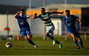 18 June 2021; Graham Burke of Shamrock Rovers in action against Adam O'Reilly, left, and Niall O'Keeffe of Waterford during the SSE Airtricity League Premier Division match between Waterford and Shamrock Rovers at the RSC in Waterford. Photo by Seb Daly/Sportsfile