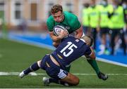 19 June 2021; Josh O'Connor of Ireland is tackled by Ollie Melville of Scotland during the U20 Six Nations Rugby Championship match between Scotland and Ireland at Cardiff Arms Park in Cardiff, Wales. Photo by Chris Fairweather/Sportsfile