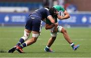19 June 2021; Mark Morrissey of Ireland is tackled by Alex Samuel of Scotland during the U20 Six Nations Rugby Championship match between Scotland and Ireland at Cardiff Arms Park in Cardiff, Wales. Photo by Chris Fairweather/Sportsfile