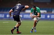19 June 2021; Mark Morrissey of Ireland is challenged by Alex Samuel of Scotland during the U20 Six Nations Rugby Championship match between Scotland and Ireland at Cardiff Arms Park in Cardiff, Wales. Photo by Chris Fairweather/Sportsfile