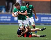 19 June 2021; Harry Sheridan of Ireland is tackled by Finlay Callaghan of Scotland during the U20 Six Nations Rugby Championship match between Scotland and Ireland at Cardiff Arms Park in Cardiff, Wales. Photo by Chris Fairweather/Sportsfile