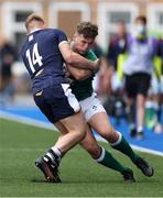 19 June 2021; Josh O'Connor of Ireland is tackled by Finlay Callaghan of Scotland during the U20 Six Nations Rugby Championship match between Scotland and Ireland at Cardiff Arms Park in Cardiff, Wales. Photo by Chris Fairweather/Sportsfile