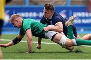 19 June 2021; Oisin McCormack of Ireland is fouled by the tackle of Michael Gray of Scotland, resulting in a yellow card and a penalty, during the U20 Six Nations Rugby Championship match between Scotland and Ireland at Cardiff Arms Park in Cardiff, Wales. Photo by Chris Fairweather/Sportsfile