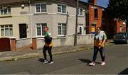 19 June 2021; Offaly supporters Ciara and Philip Delaney, from Tullamore, walk along St. James Avenue on their way to the Allianz Football League Division 3 Final match between Derry and Offaly at Croke Park in Dublin. Photo by Ray McManus/Sportsfile