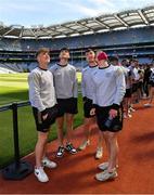 19 June 2021; Offaly players, from left, Jack Bryant, Bill Carroll, Cathal Mangan and Jack Quinn take a look at the roof in Croke Park before the Allianz Football League Division 3 Final match between Derry and Offaly at Croke Park in Dublin. Photo by Ray McManus/Sportsfile