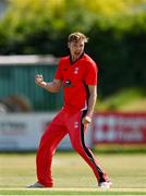 19 June 2021; Josh Manley of Munster Reds celebrates after claiming the wicket of North West Warriors' Shane Getkate during the Cricket Ireland InterProvincial Trophy 2021 match between Munster Reds and North West Warriors at Pembroke Cricket Club in Dublin. Photo by Seb Daly/Sportsfile