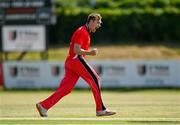 19 June 2021; Josh Manley of Munster Reds celebrates after claiming the wicket of North West Warriors' Shane Getkate during the Cricket Ireland InterProvincial Trophy 2021 match between Munster Reds and North West Warriors at Pembroke Cricket Club in Dublin. Photo by Seb Daly/Sportsfile